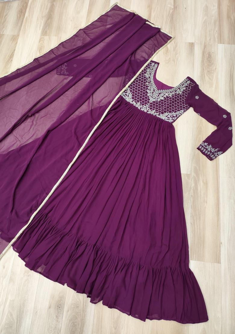 Purple Embroidered Georgette Anarkali With Dupatta - Indya
