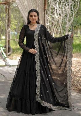 Black Embroidered Georgette Anarkali With Dupatta
