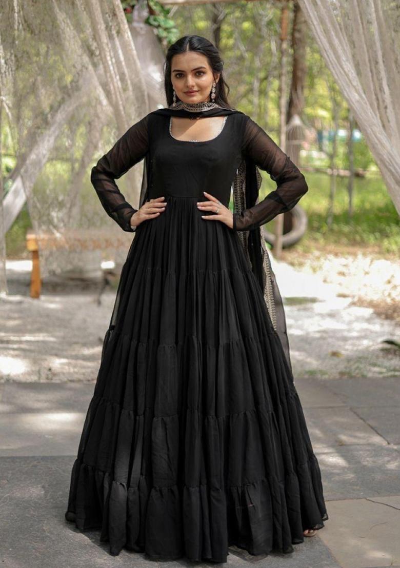 Black Embroidered Georgette Anarkali With Dupatta - Indya