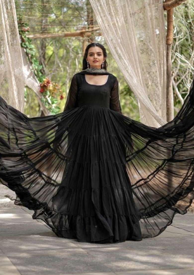 Black Embroidered Georgette Anarkali With Dupatta - Indya