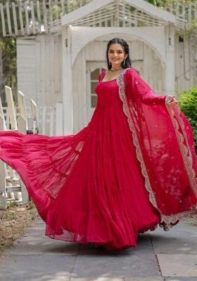 Red Embroidered Georgette Anarkali With Dupatta