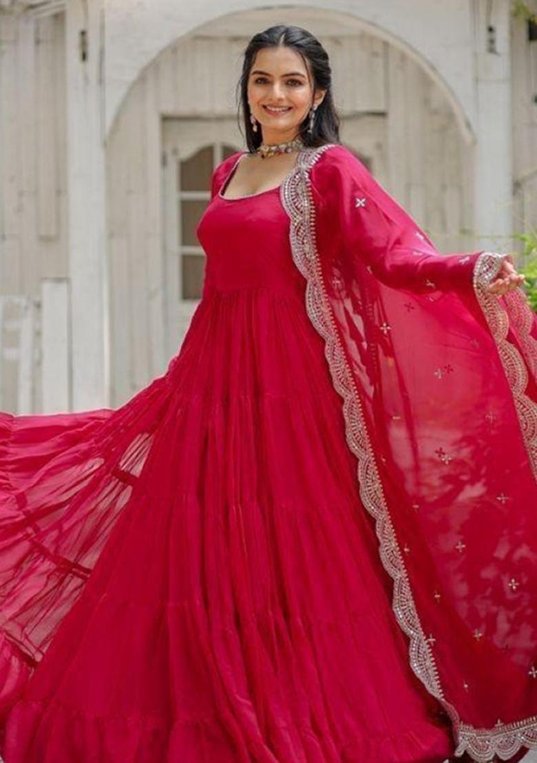 Red Embroidered Georgette Anarkali With Dupatta - Indya