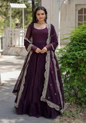 Purple Embroidered Georgette Anarkali With Dupatta