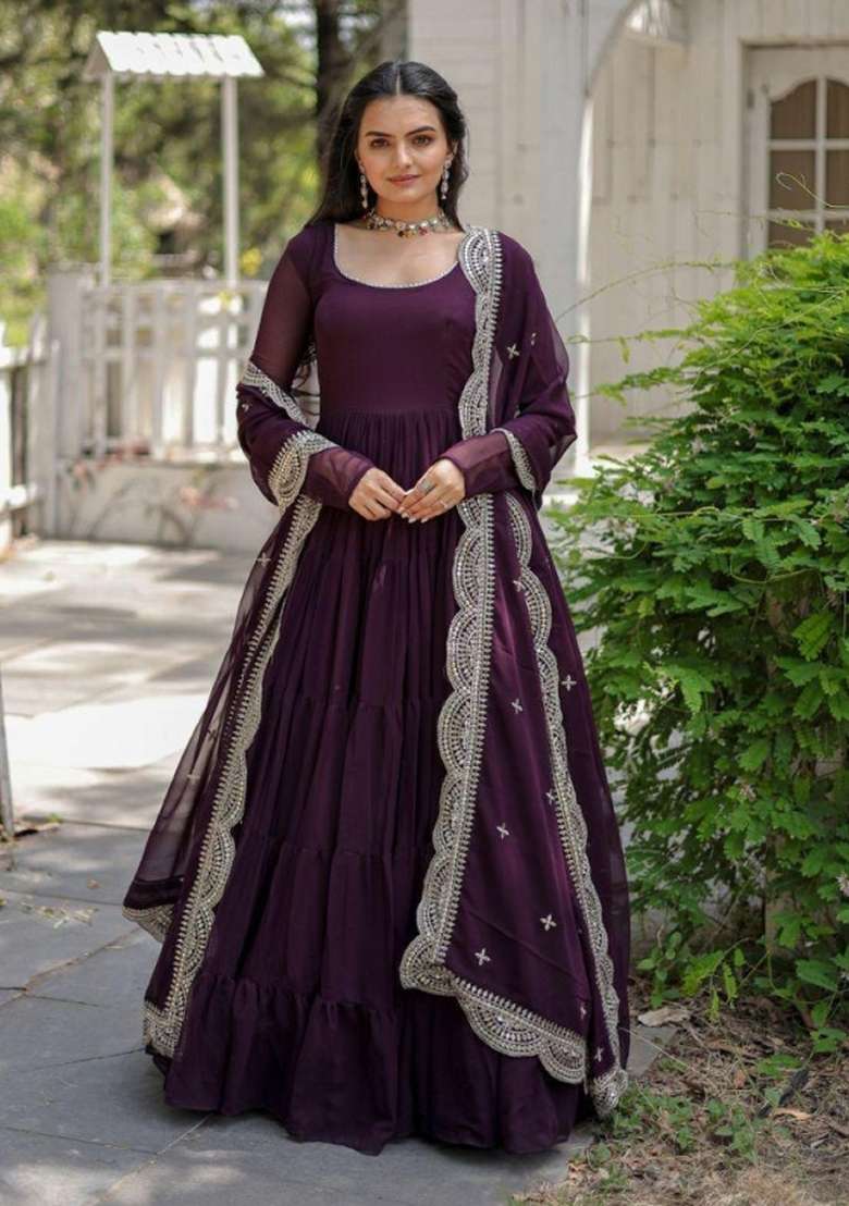Purple Embroidered Georgette Anarkali With Dupatta - Indya