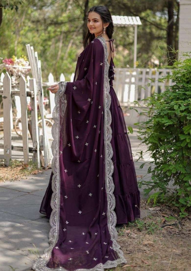 Purple Embroidered Georgette Anarkali With Dupatta - Indya