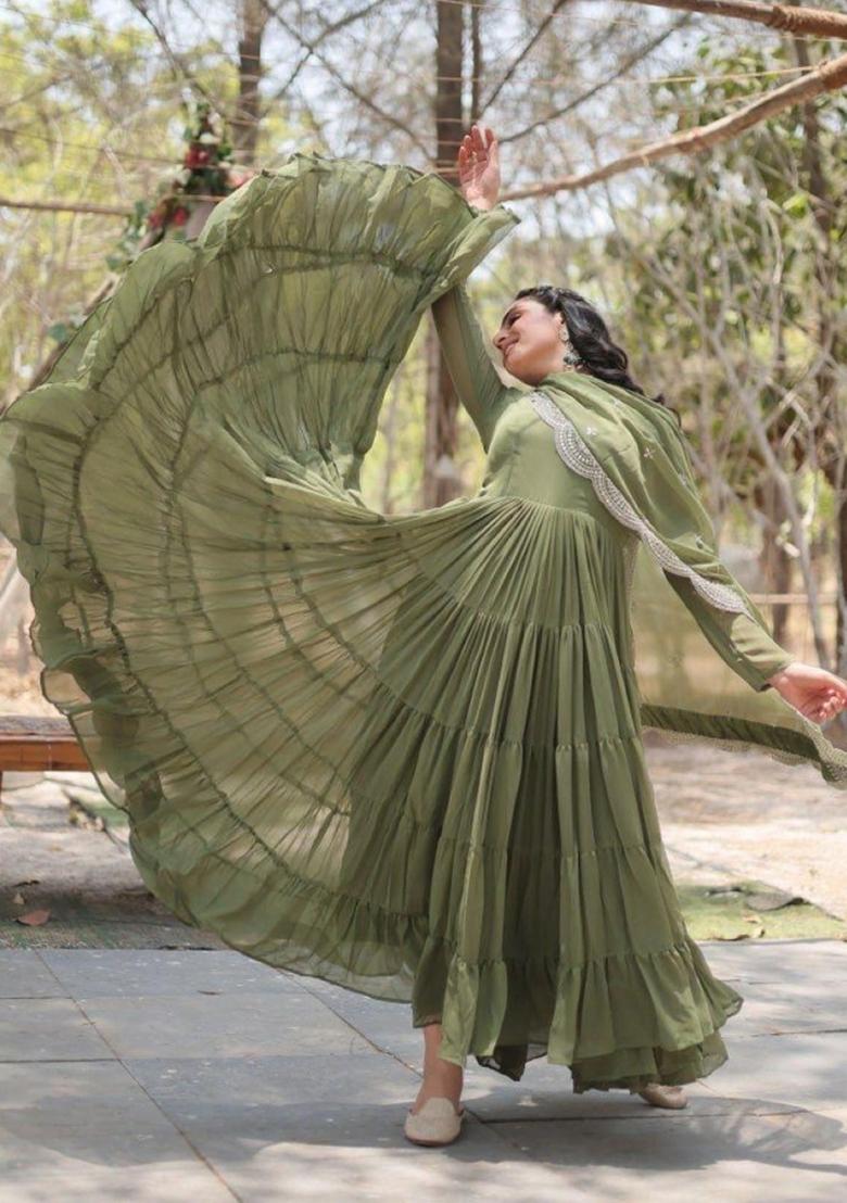 Sea Green Embroidered Georgette Anarkali With Dupatta - Indya
