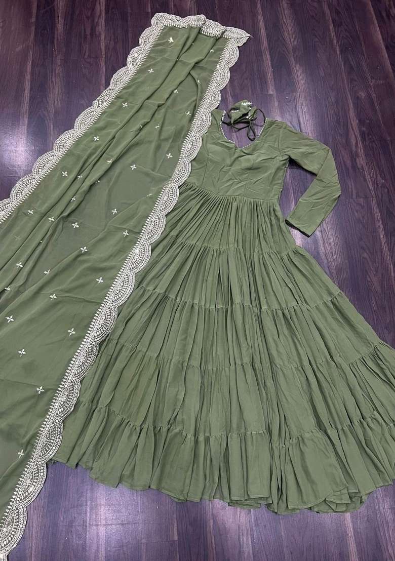 Sea Green Embroidered Georgette Anarkali With Dupatta - Indya