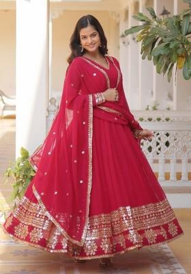 Red Embroidered Georgette Anarkali With Dupatta