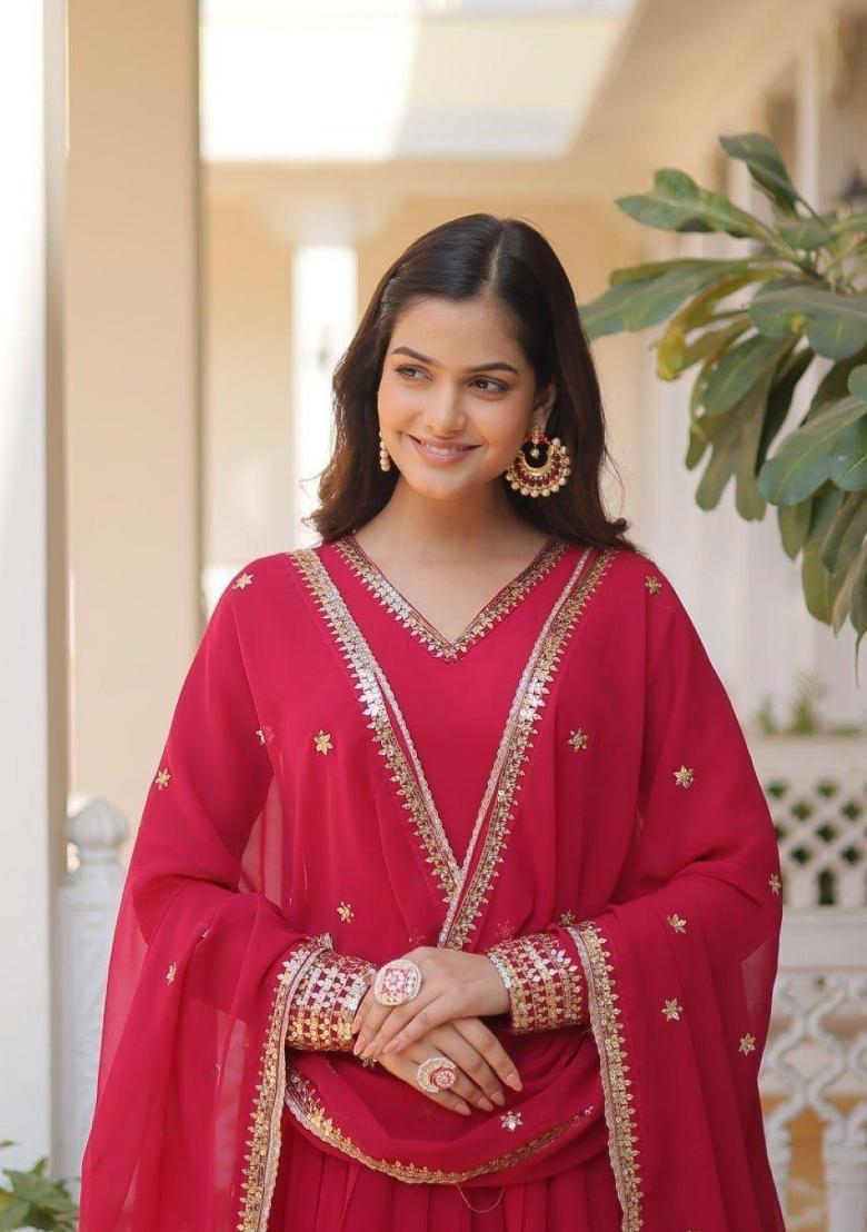 Red Embroidered Georgette Anarkali With Dupatta - Indya