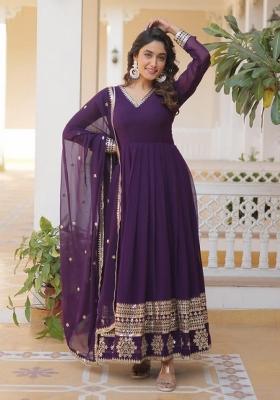 Purple Embroidered Georgette Anarkali With Dupatta