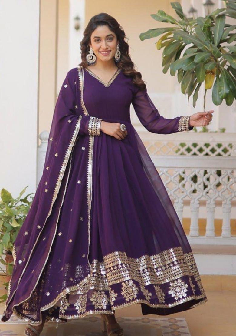 Purple Embroidered Georgette Anarkali With Dupatta - Indya