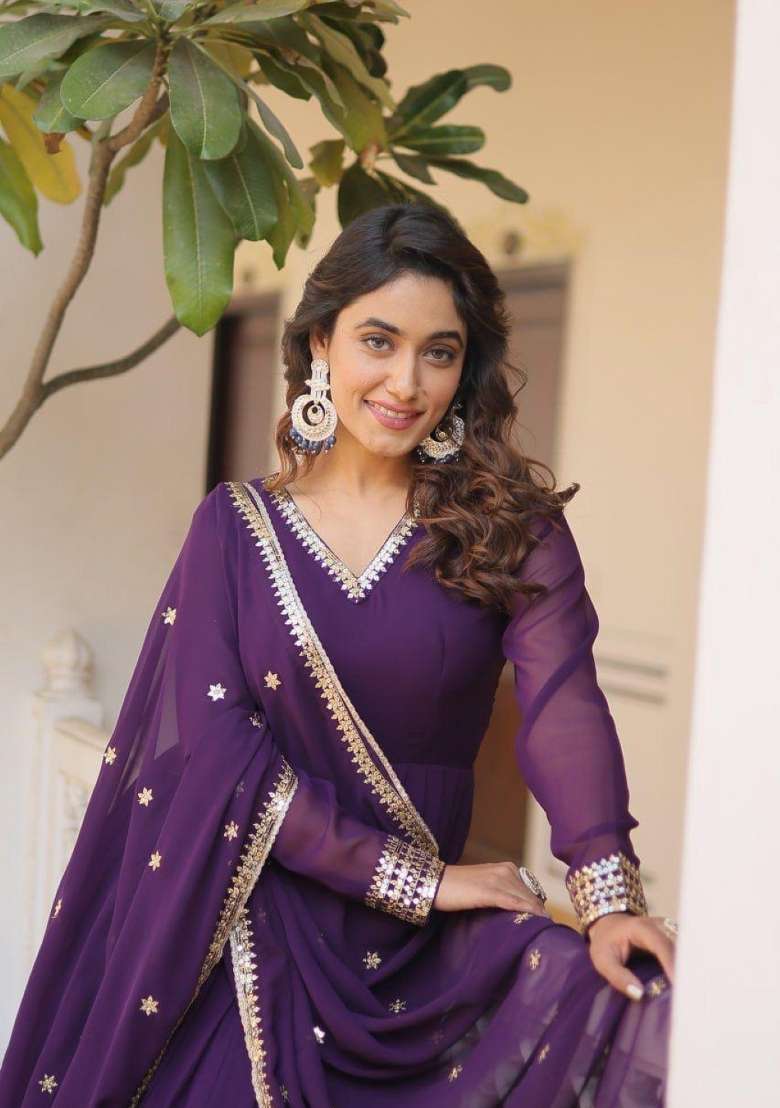 Purple Embroidered Georgette Anarkali With Dupatta - Indya