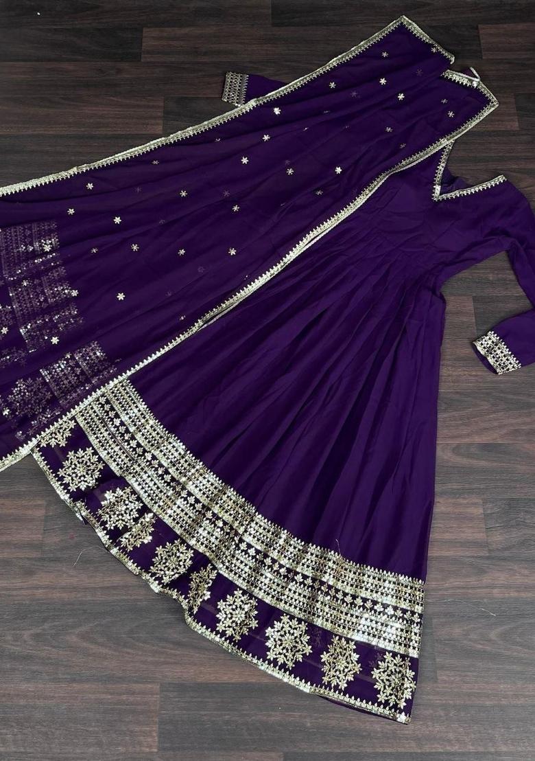Purple Embroidered Georgette Anarkali With Dupatta - Indya