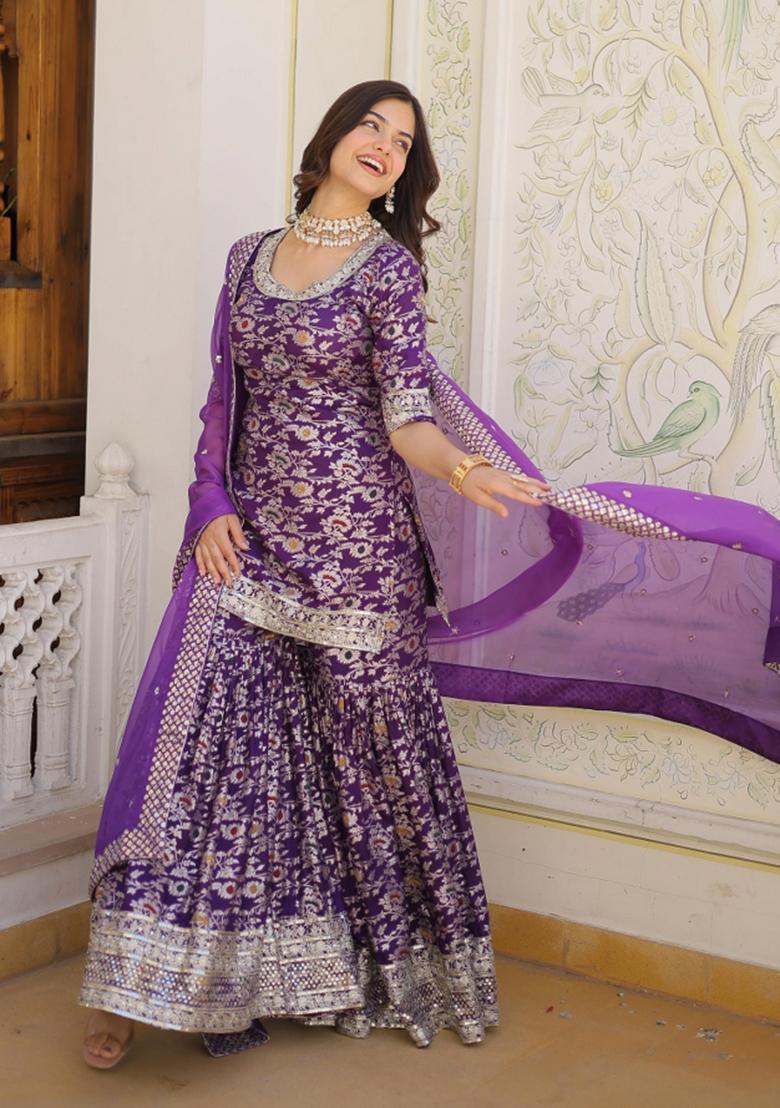 Purple Embroidered Viscose Salwar Kameez - Indya