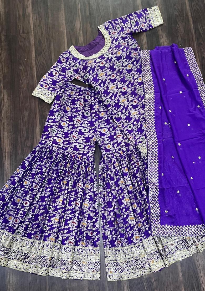 Purple Embroidered Viscose Salwar Kameez - Indya