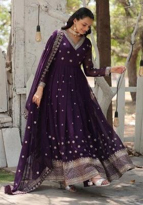 Purple Embroidered Georgette Anarkali With Dupatta