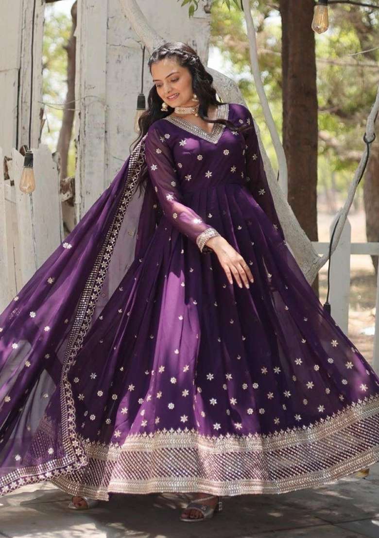 Purple Embroidered Georgette Anarkali With Dupatta - Indya