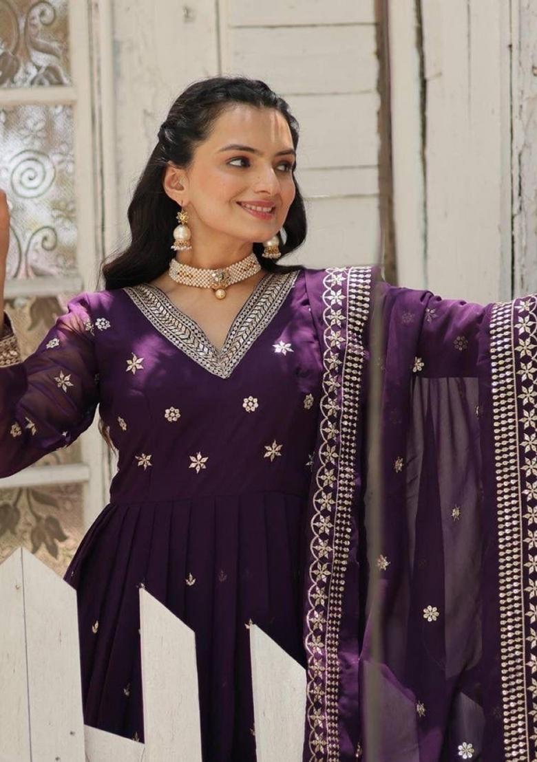Purple Embroidered Georgette Anarkali With Dupatta - Indya