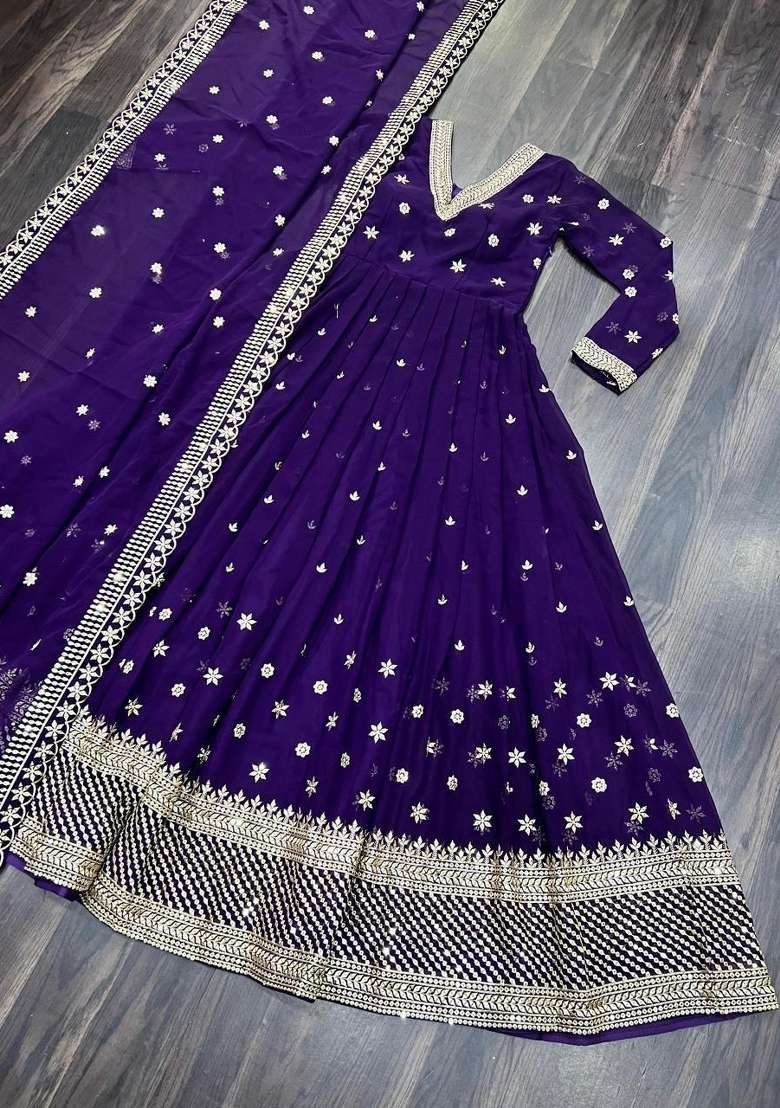 Purple Embroidered Georgette Anarkali With Dupatta - Indya