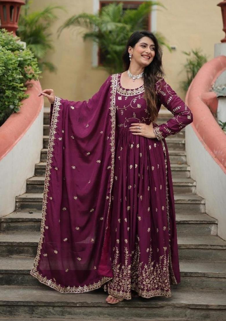Maroon Embroidered Silk Salwar Kameez - Indya