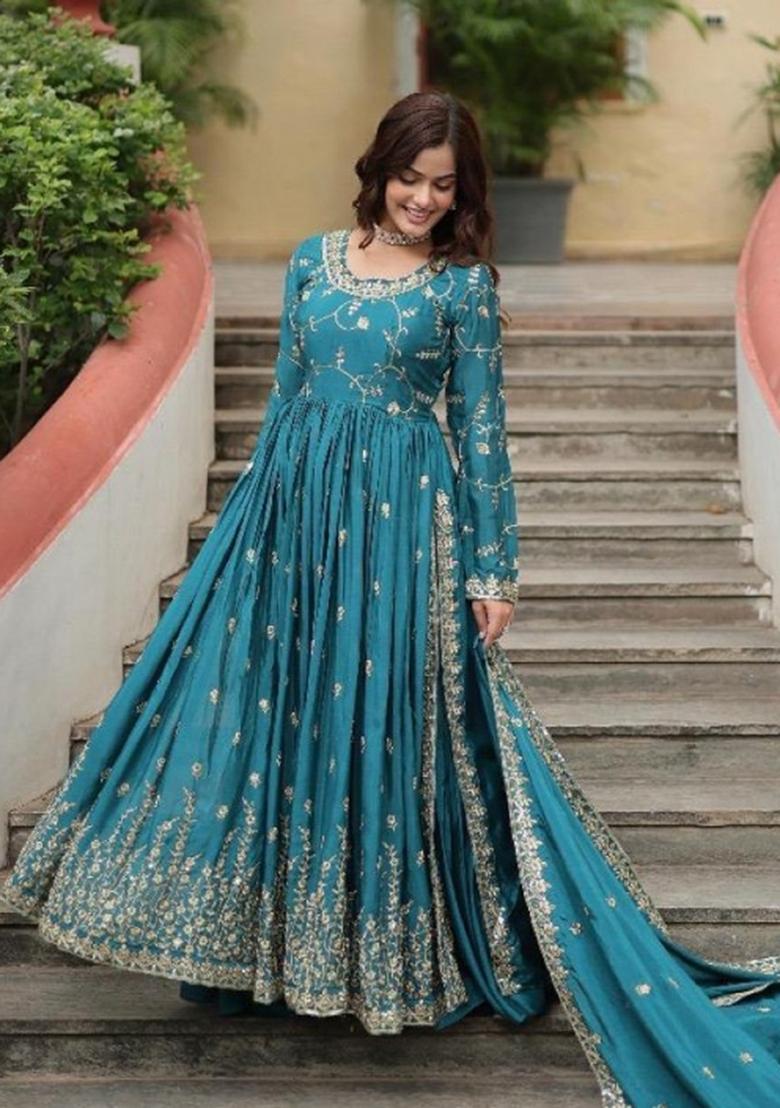 Blue Embroidered Silk Salwar Kameez - Indya