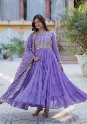 Lavender Embroidered Georgette Anarkali With Dupatta