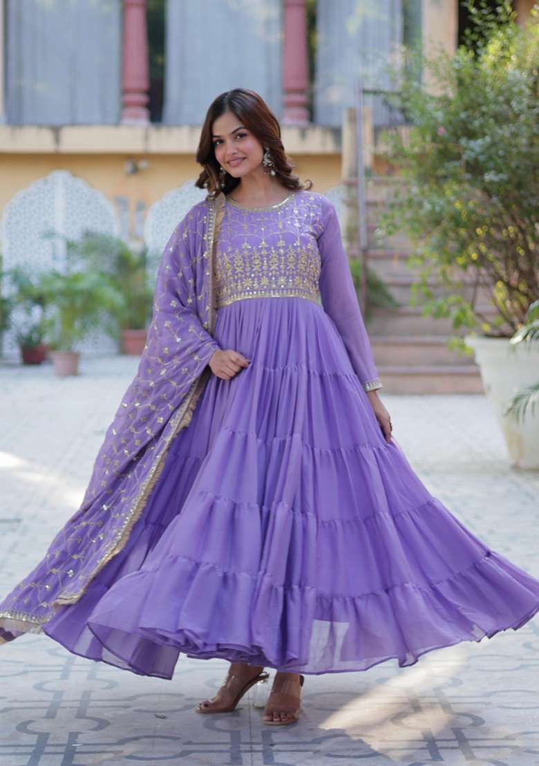 Lavender Embroidered Georgette Anarkali With Dupatta - Indya