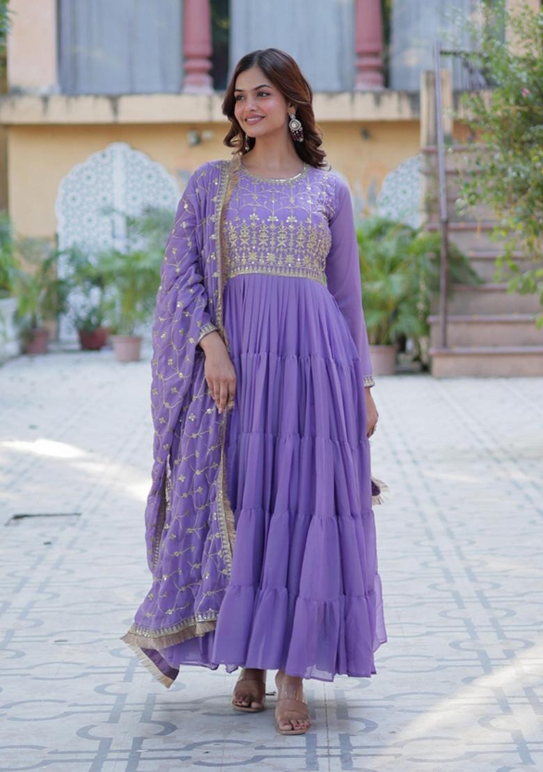 Lavender Embroidered Georgette Anarkali With Dupatta - Indya