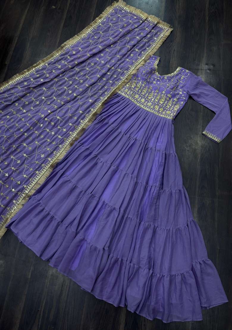 Lavender Embroidered Georgette Anarkali With Dupatta - Indya