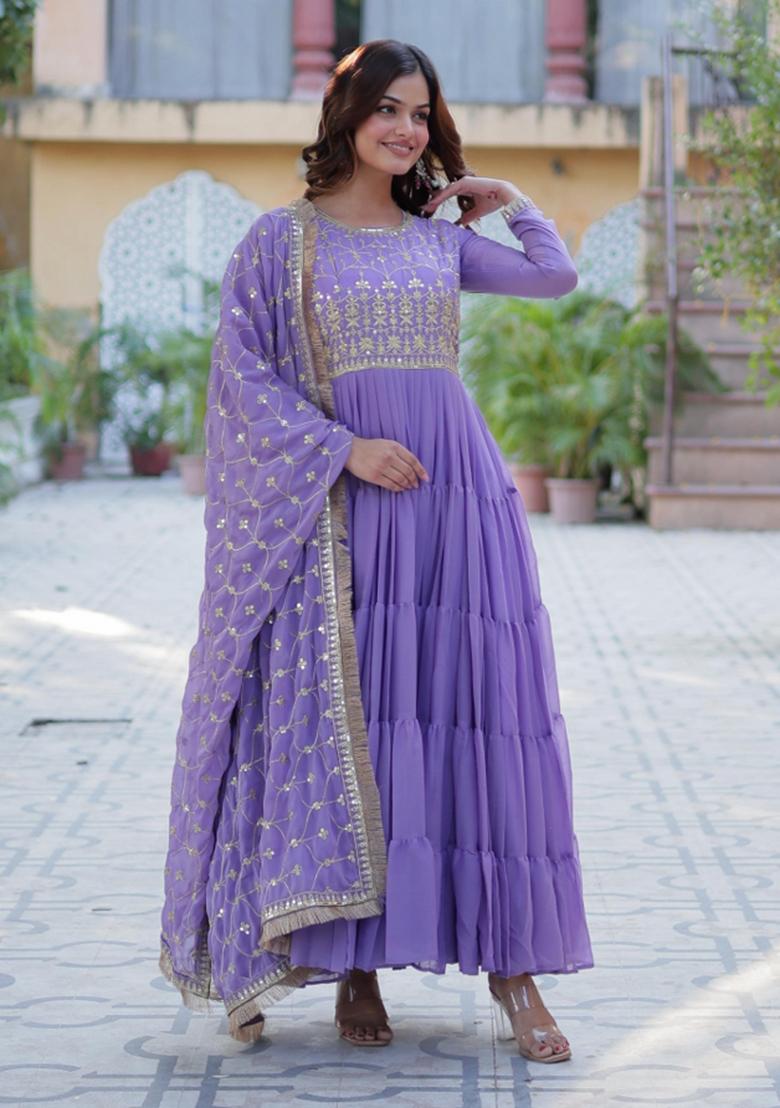 Lavender Embroidered Georgette Anarkali With Dupatta - Indya