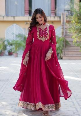 Red Embroidered Georgette Anarkali With Dupatta
