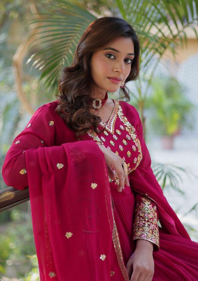 Red Embroidered Georgette Anarkali With Dupatta - Indya
