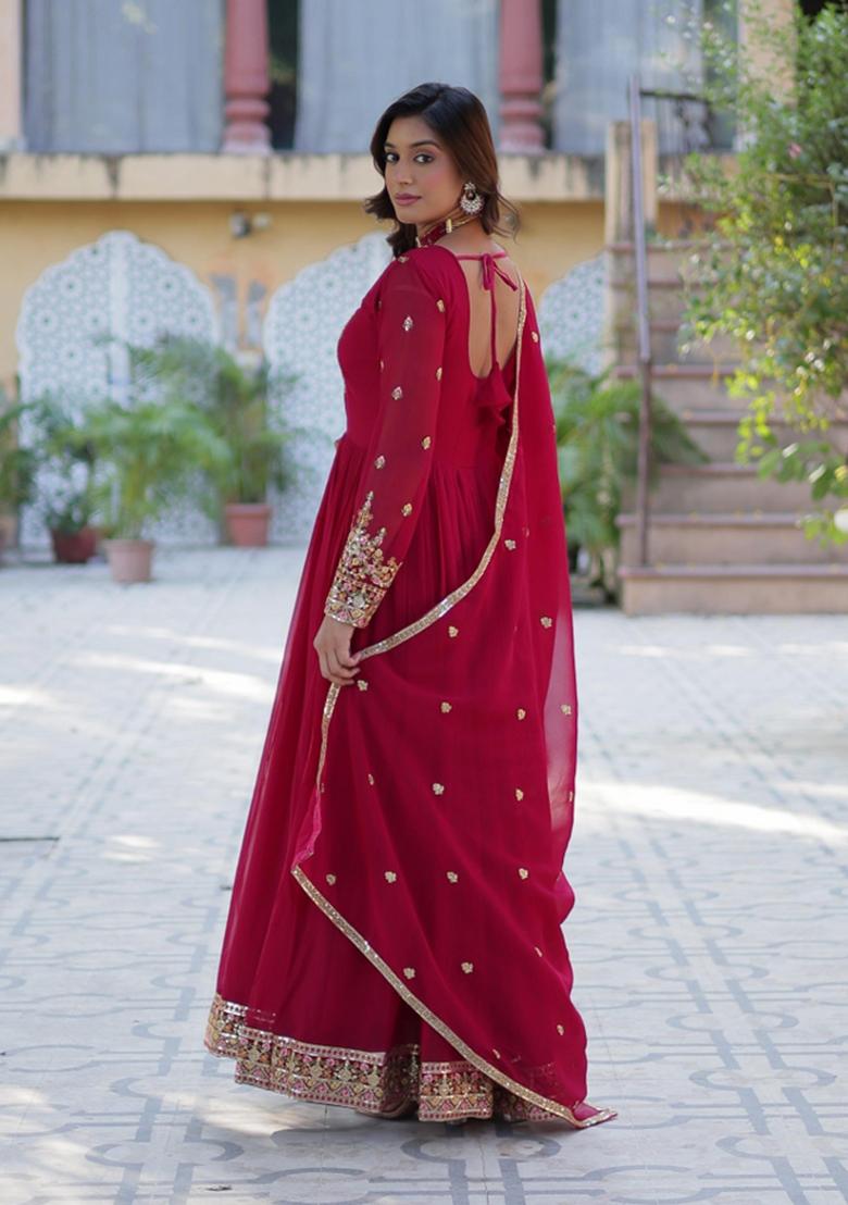 Red Embroidered Georgette Anarkali With Dupatta - Indya