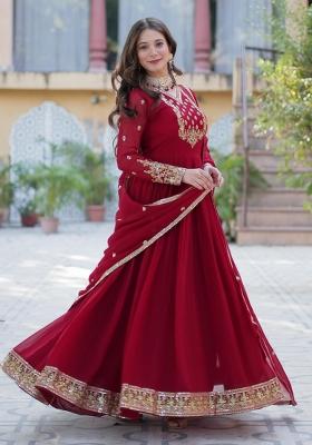 Maroon Embroidered Georgette Anarkali With Dupatta