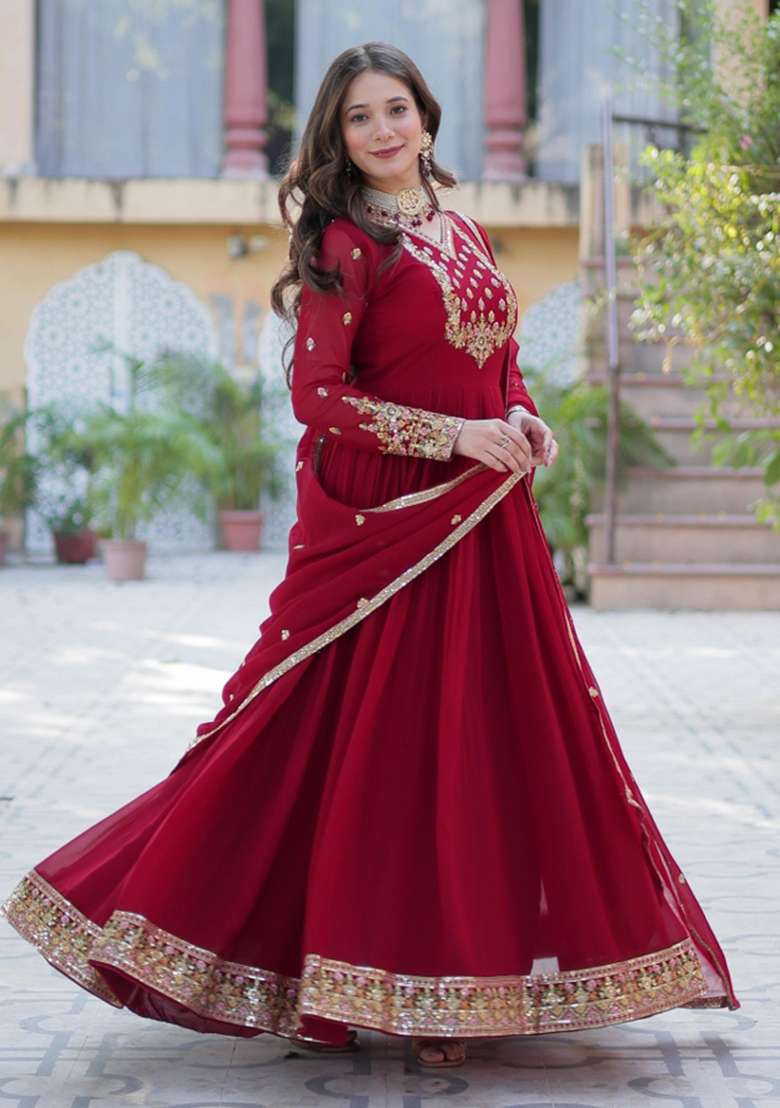 Maroon Embroidered Georgette Anarkali With Dupatta - Indya