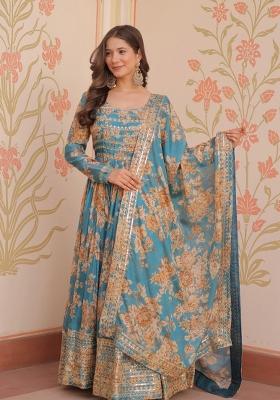 Blue Embroidered Silk Anarkali With Dupatta