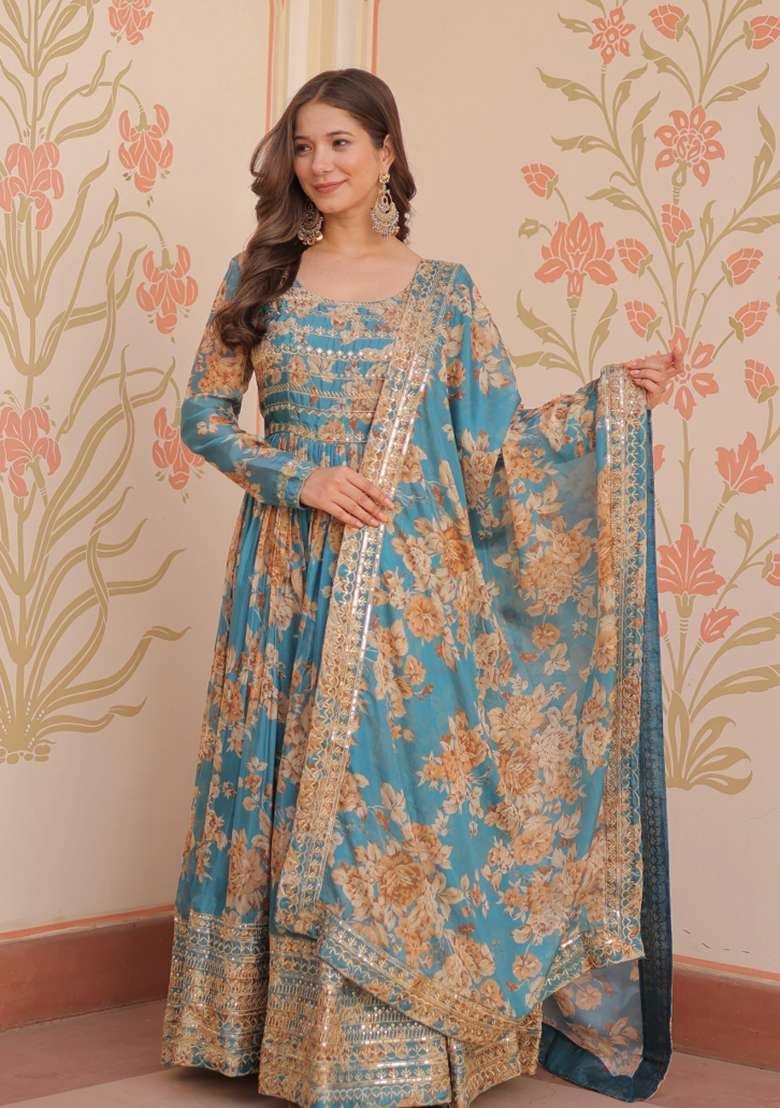 Blue Embroidered Silk Anarkali With Dupatta - Indya
