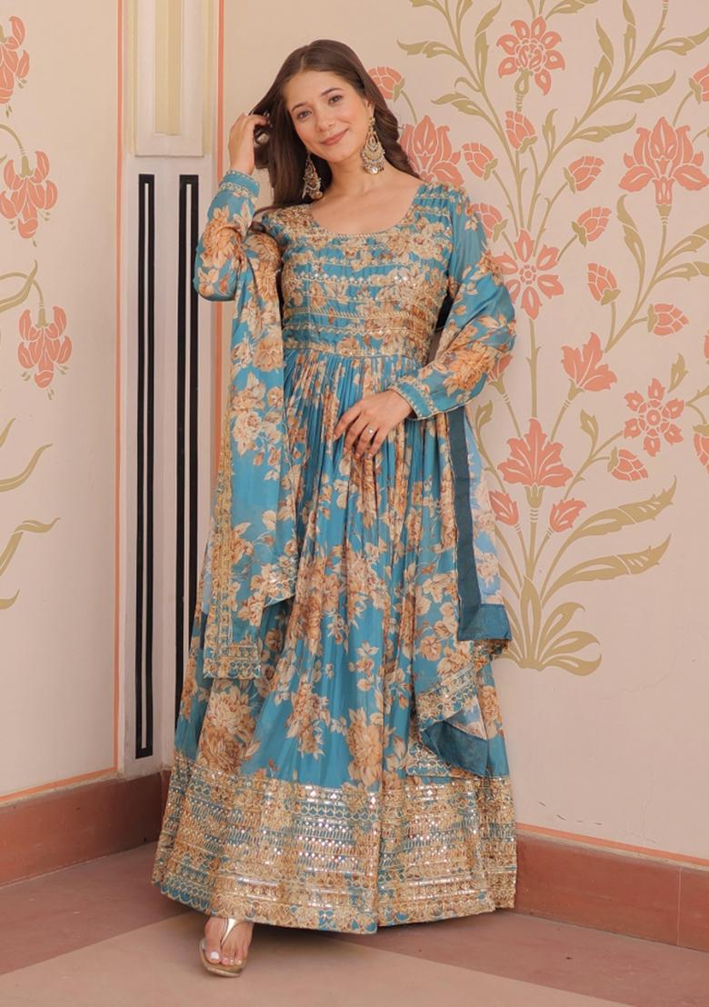 Blue Embroidered Silk Anarkali With Dupatta - Indya