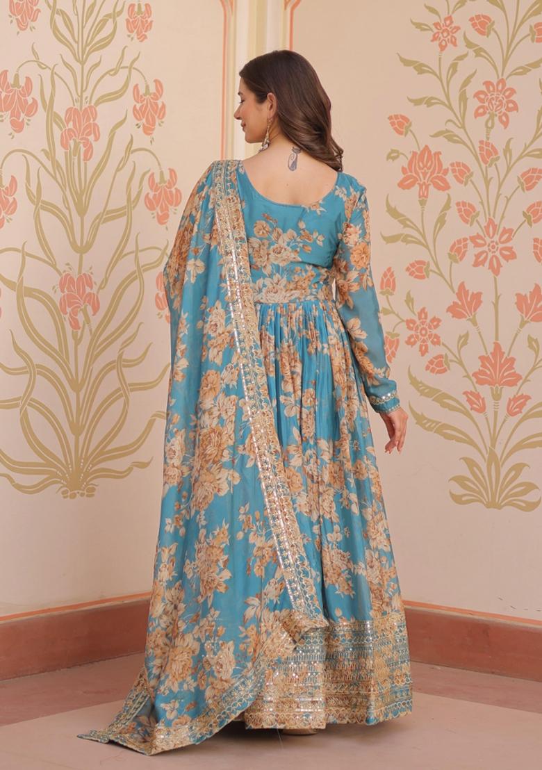 Blue Embroidered Silk Anarkali With Dupatta - Indya