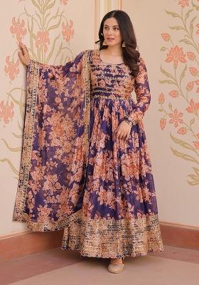 Violet Embroidered Silk Anarkali With Dupatta