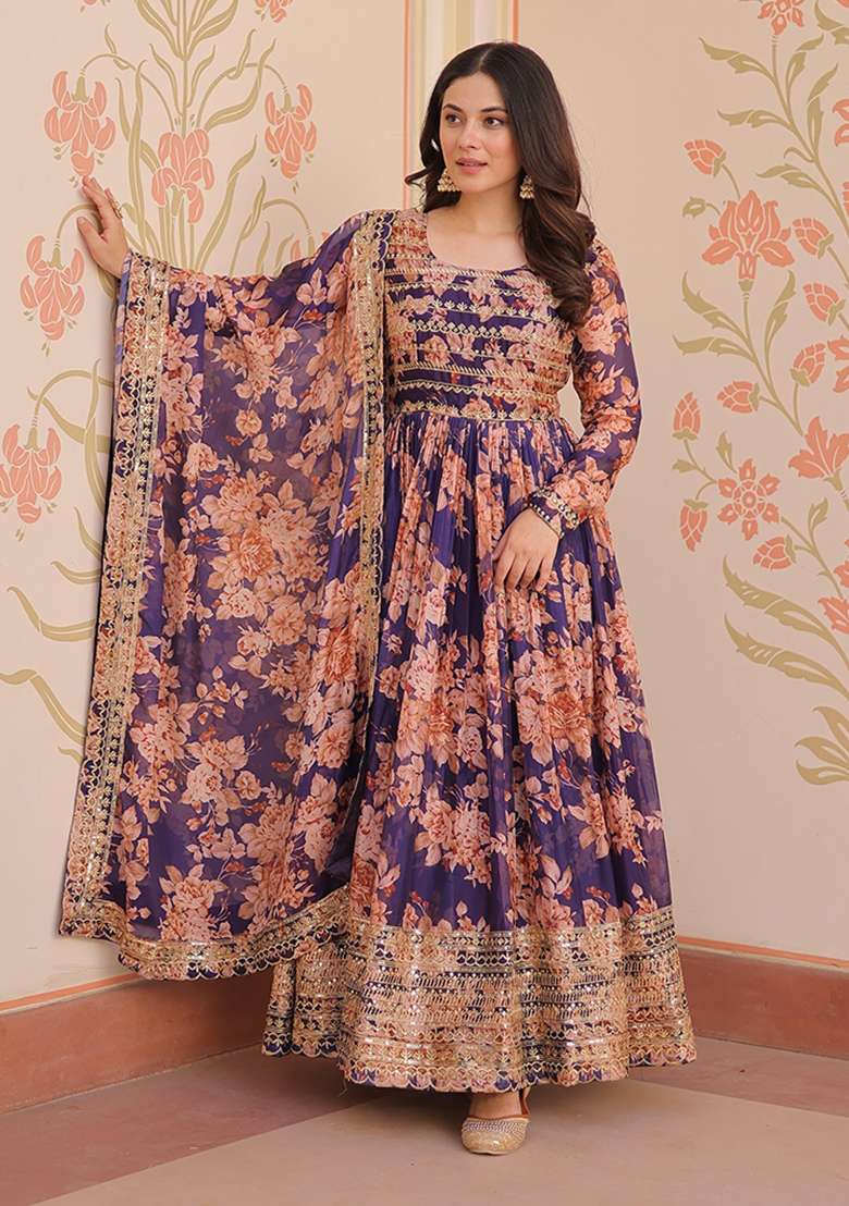 Violet Embroidered Silk Anarkali With Dupatta - Indya