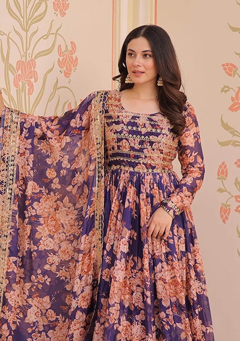 Violet Embroidered Silk Anarkali With Dupatta - Indya