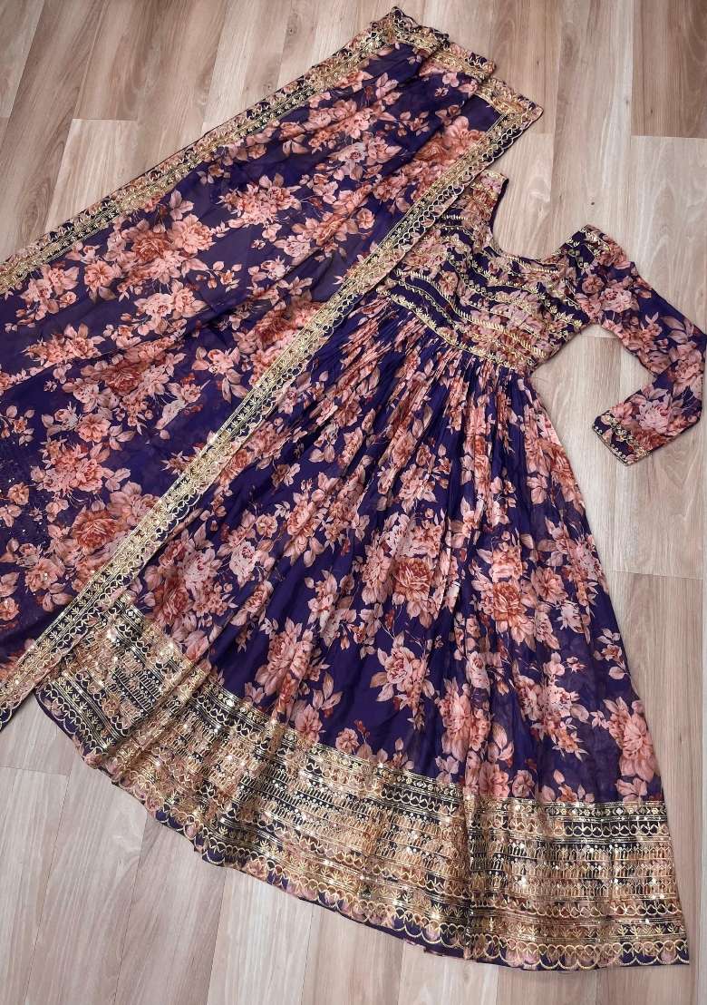 Violet Embroidered Silk Anarkali With Dupatta - Indya