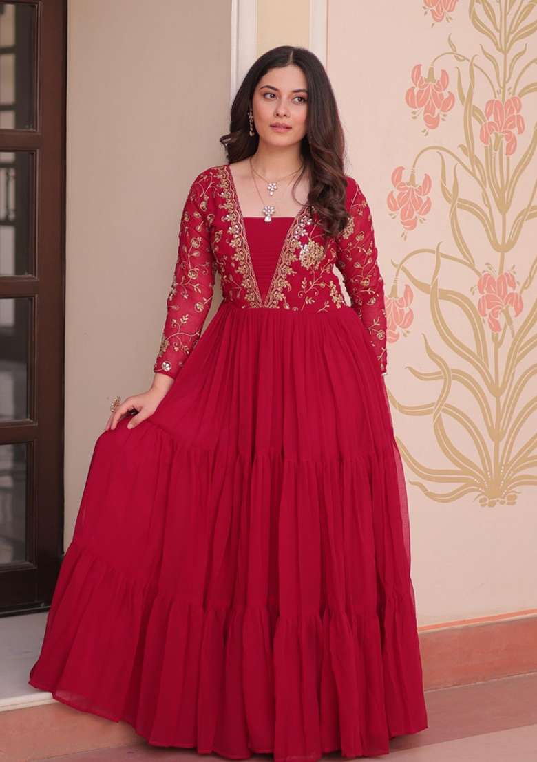 Red Embroidered Georgette Anarkali - Indya