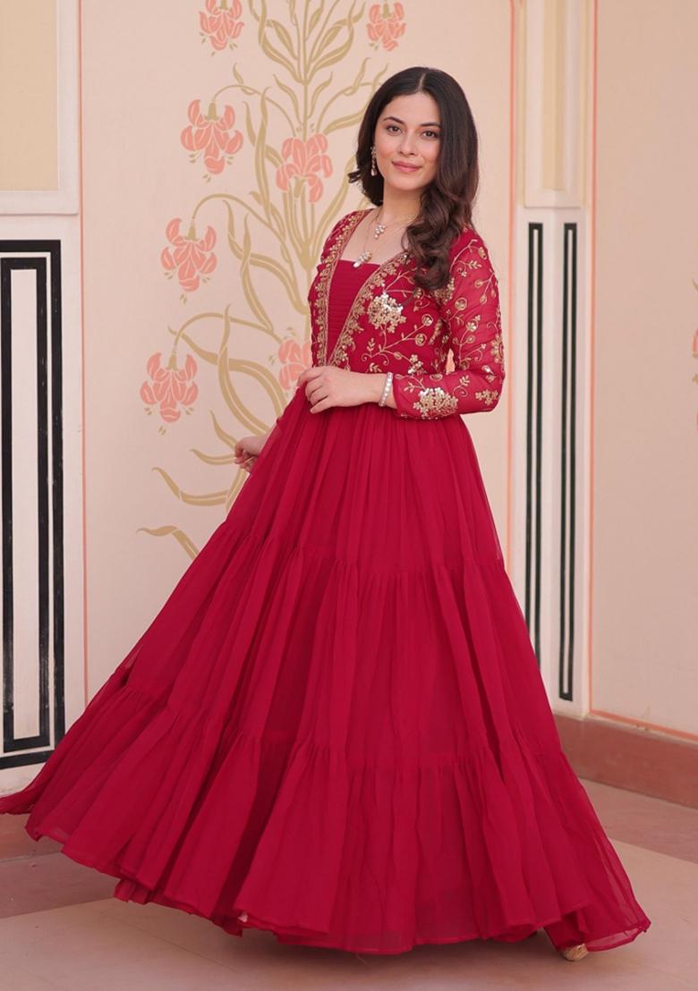 Red Embroidered Georgette Anarkali - Indya