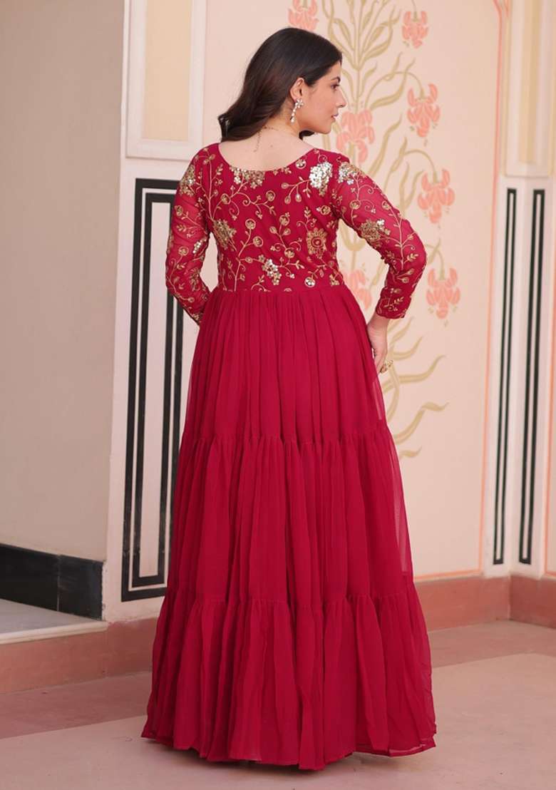 Red Embroidered Georgette Anarkali - Indya