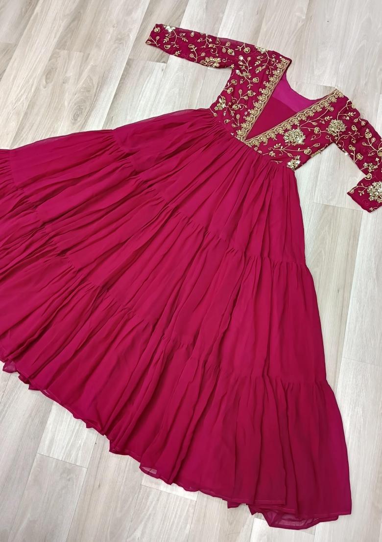 Red Embroidered Georgette Anarkali - Indya