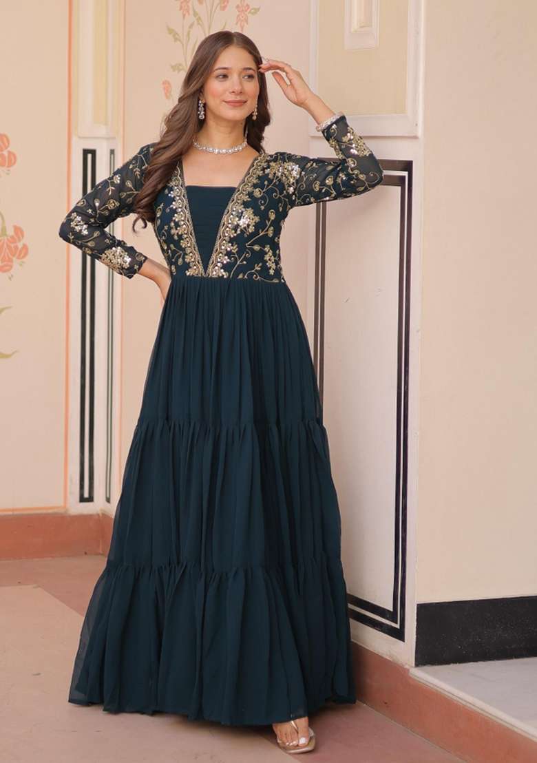 Navy Blue Embroidered Georgette Anarkali - Indya