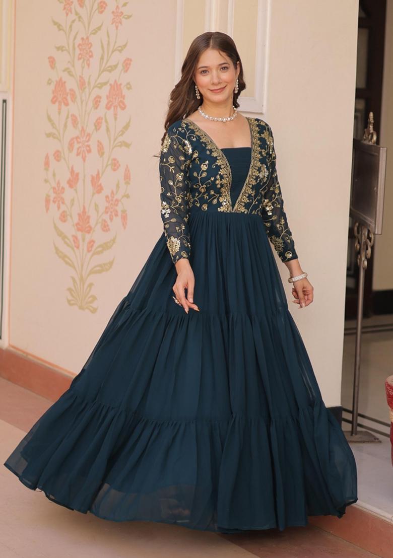 Navy Blue Embroidered Georgette Anarkali - Indya