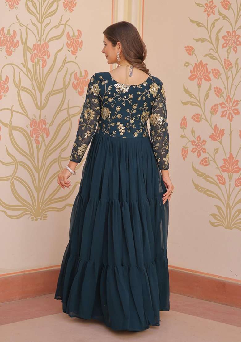 Navy Blue Embroidered Georgette Anarkali - Indya